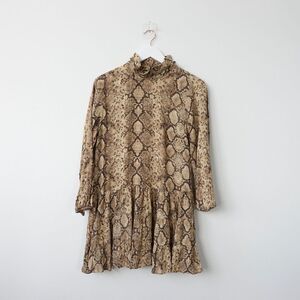 Snake‎ Dress XS Brown Mini Python Snakeskin Tiered Short Classic Boho Party ZARA